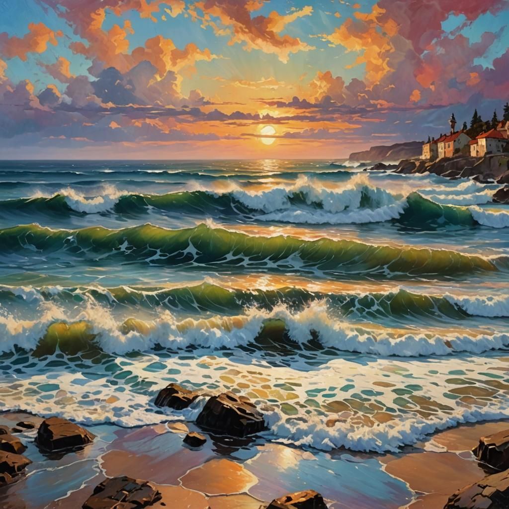 Expressionistic Sunset Over the Sea with Waves