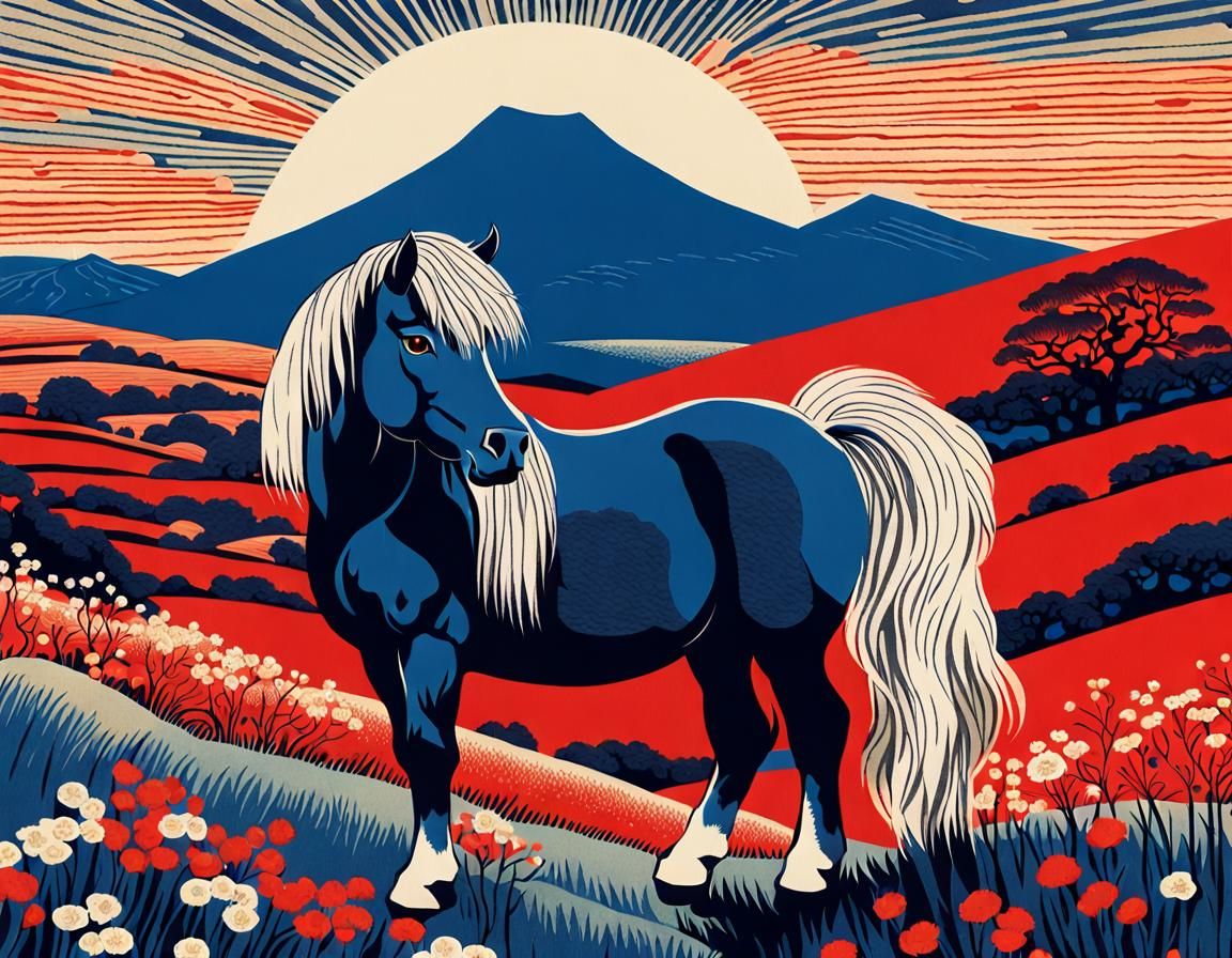 Ukiyo-e Shetland Pony in Traditional Japanese Woodblock Styl...
