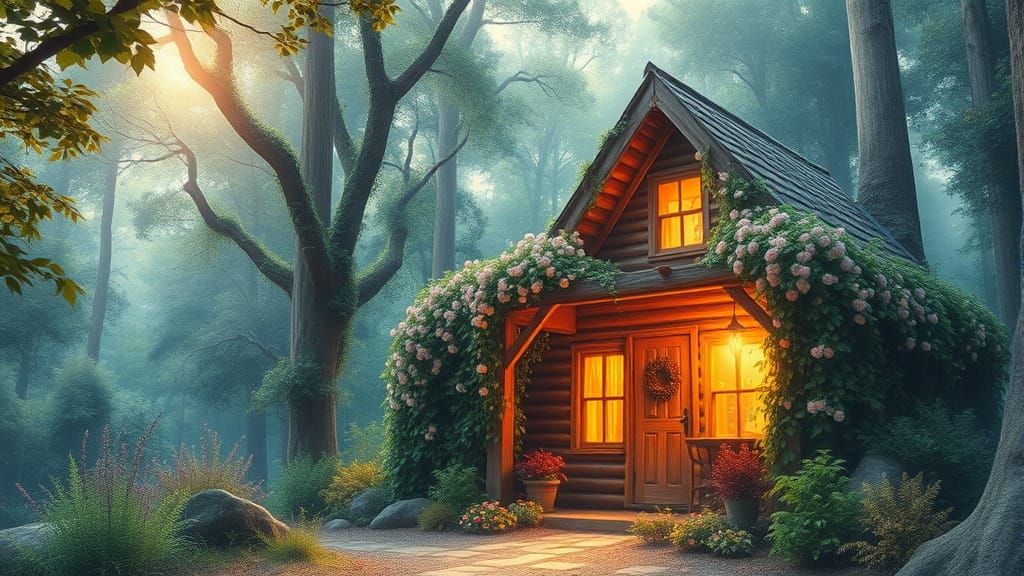 Whimsical Summer Cabin in Vibrant Watercolor Style