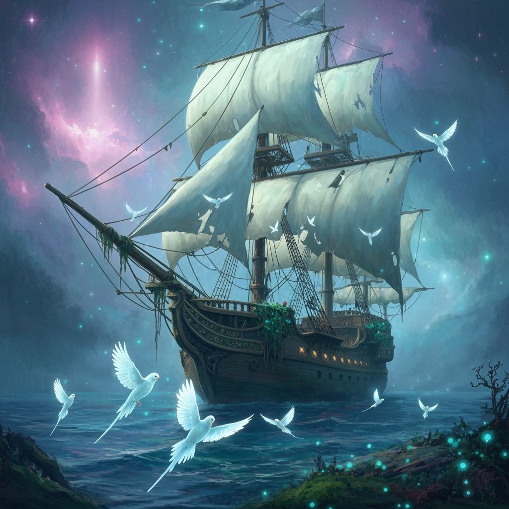 Ancient Ship Adrift in Nebula Ocean