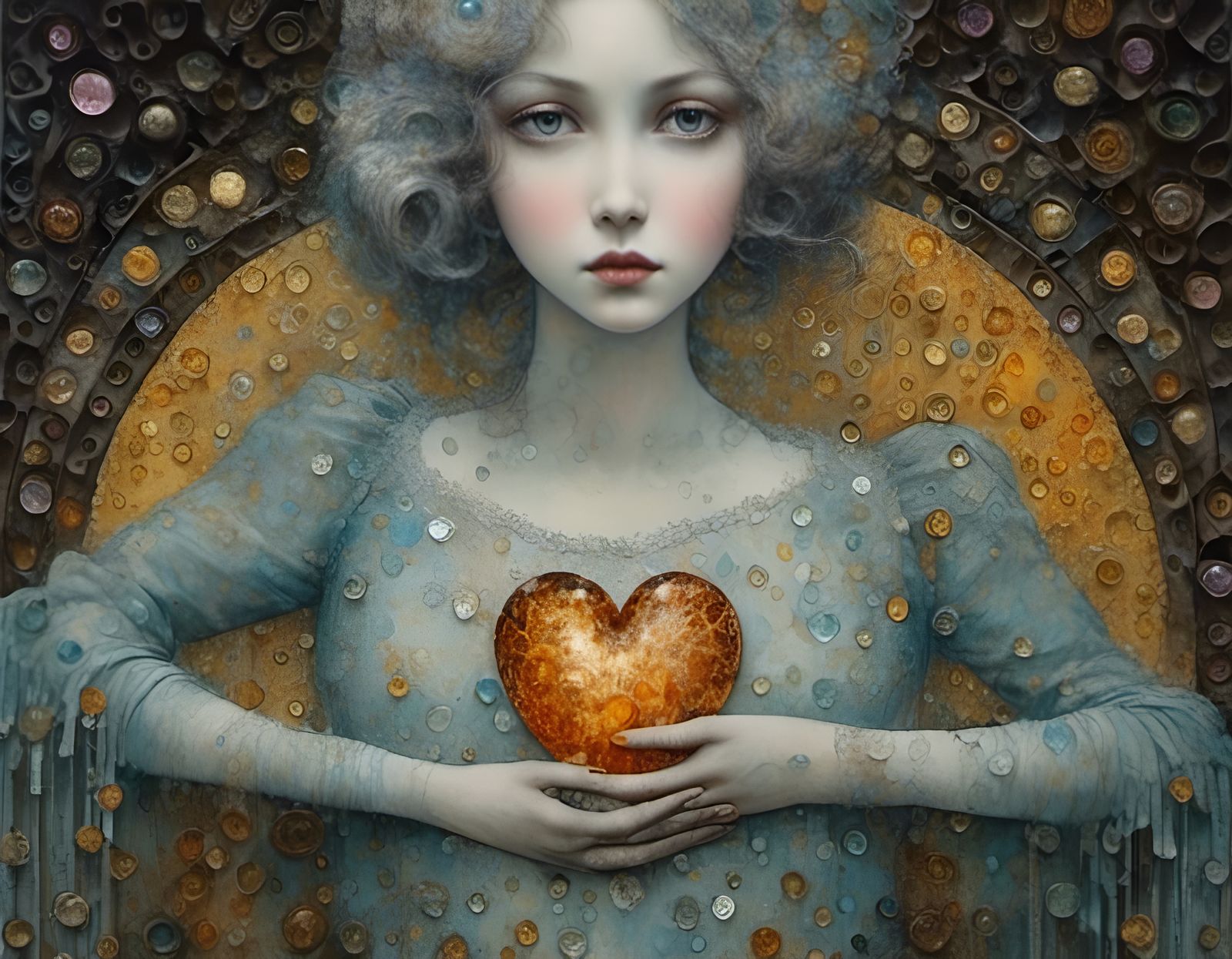 Woman Holding Shattered Heart on Vintage Paper