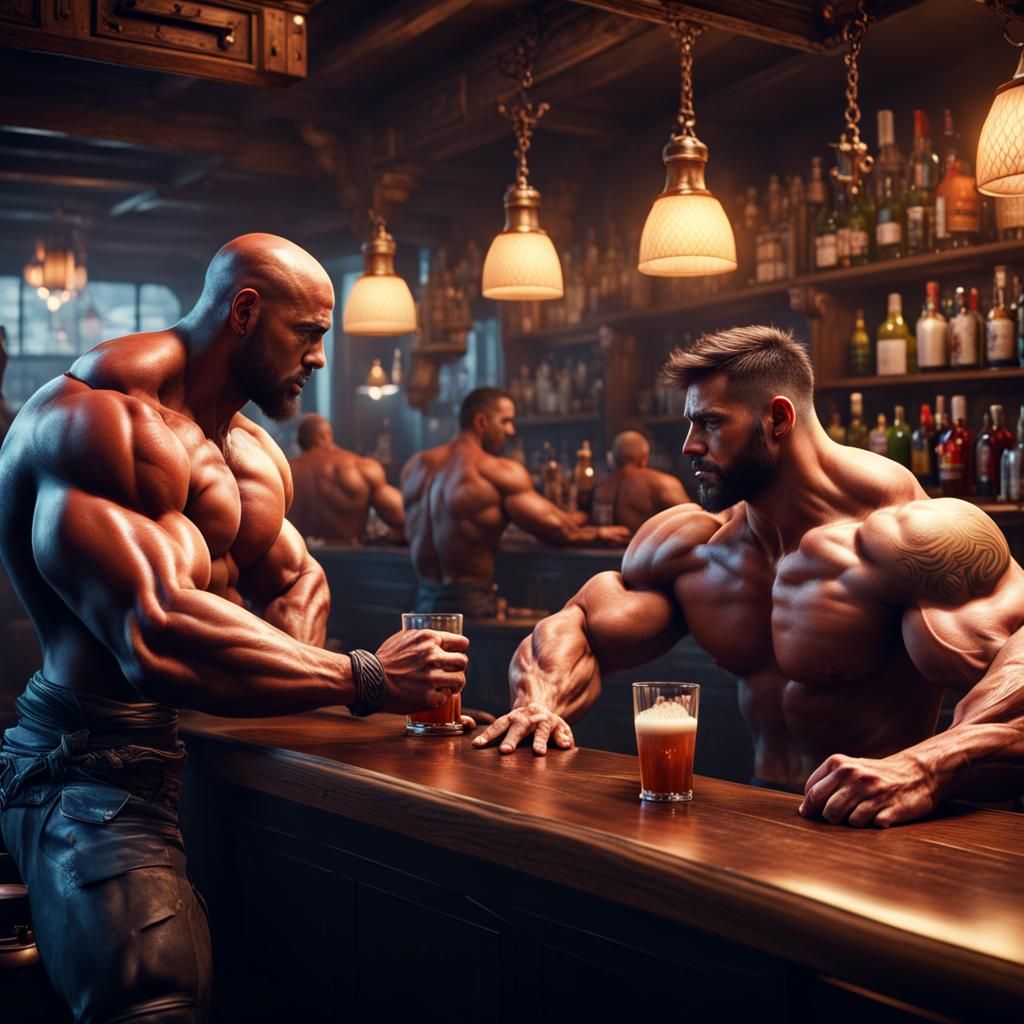 Surreal Muscle Men Unite in a Fantastical Bar