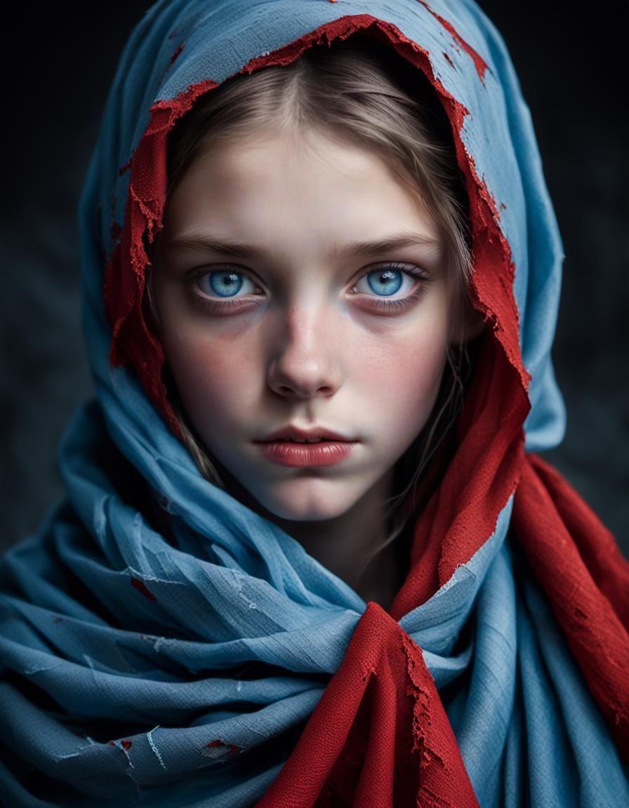 Striking Portrait of Girl with Blue Eyes and Red Shawl