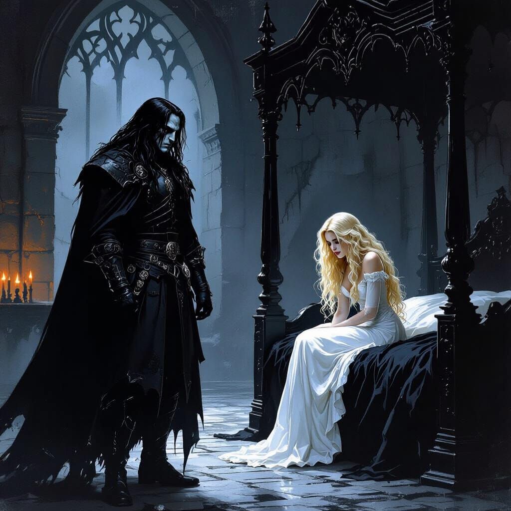 Warrior Glaring at Weeping Woman in Dark Castle