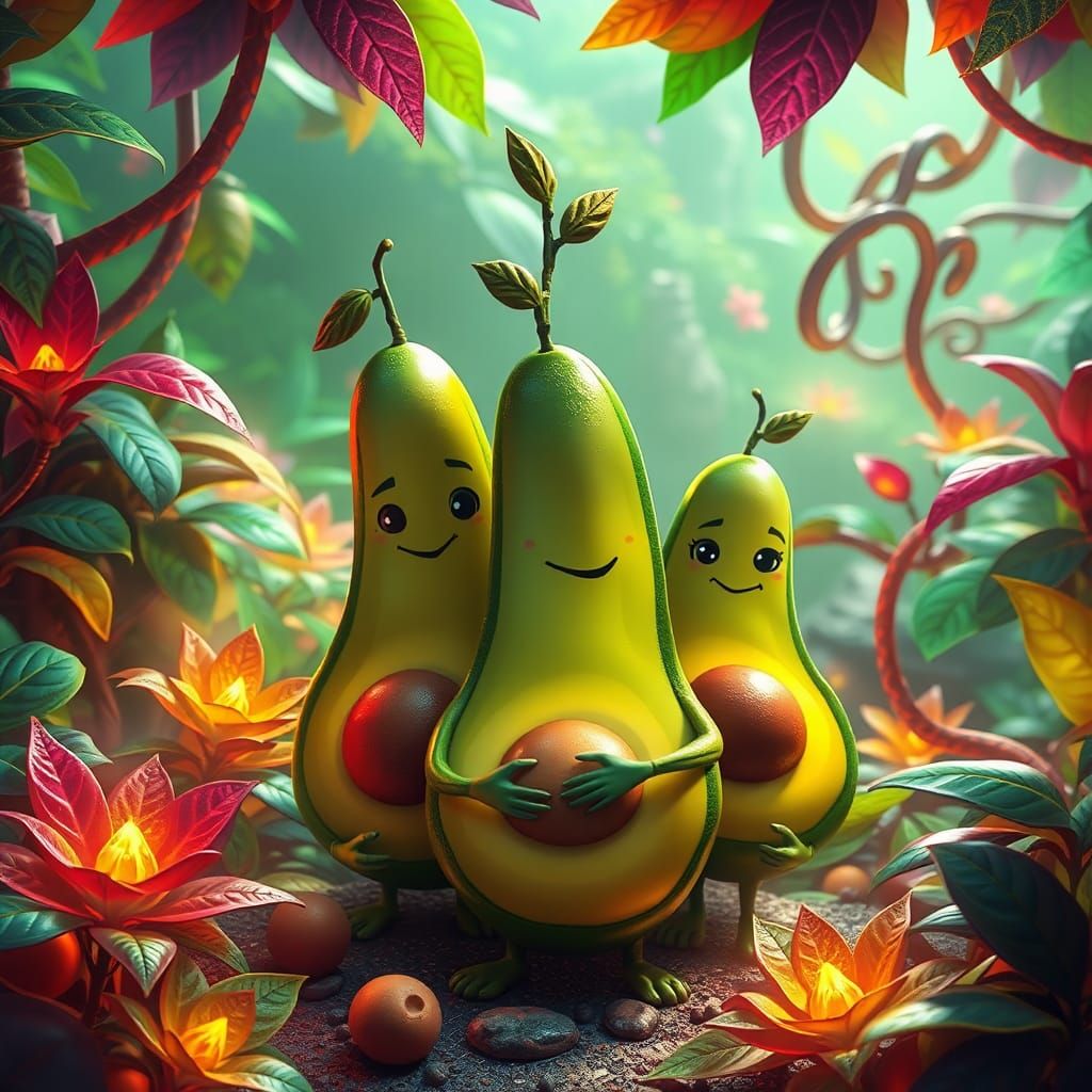Vibrant Cartoon Avocado People in a Surreal Landscape