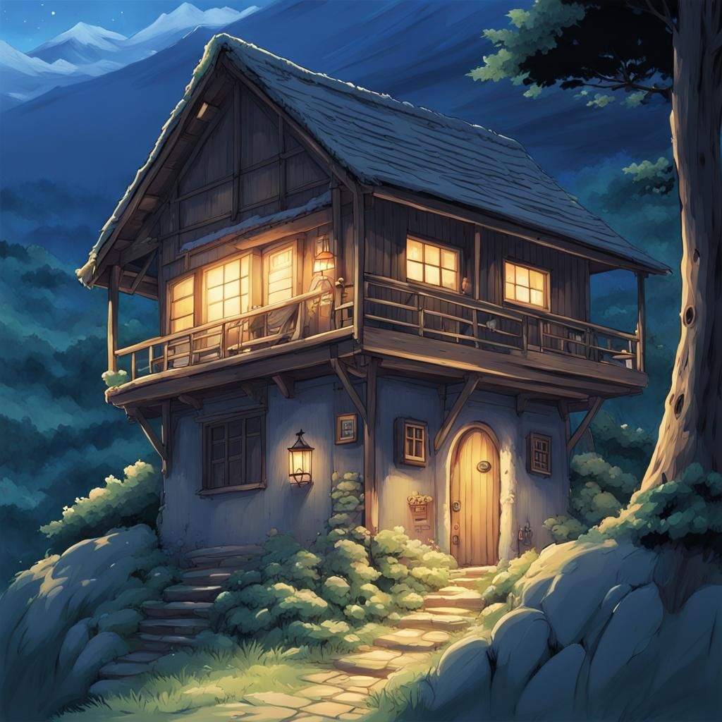 Studio Ghibli-Style Mountain Hut at Night: Whimsical Anime A...