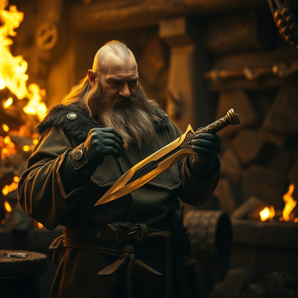 Dwarven Blacksmith Presents Masterpiece Dagger to Future Kin...