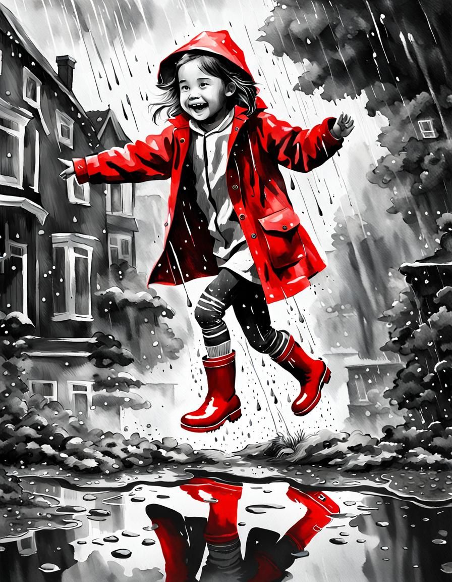 Whimsical Girl Overjoyed in Rainy Day Watercolor Scene