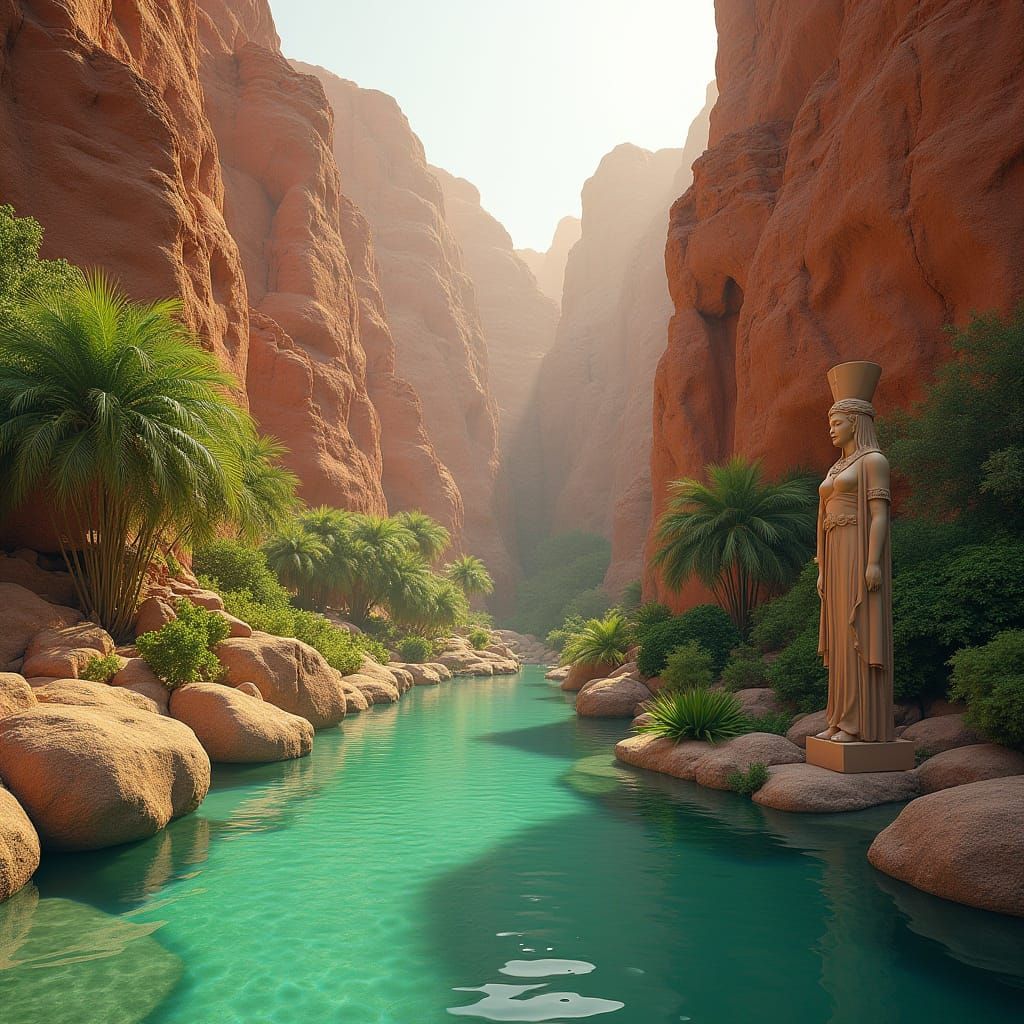 Serene Oasis with Sumerian Goddesses in Hyperrealism