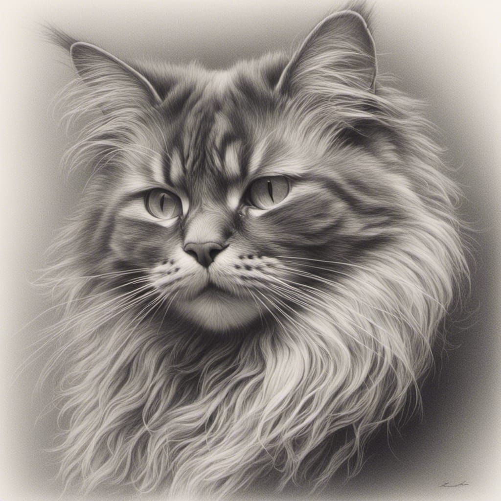 Beautiful Black and White Cat Drawing in Pencil