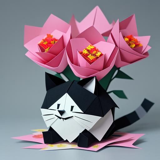 Felix the Cat Surrounded by Origami Blooms