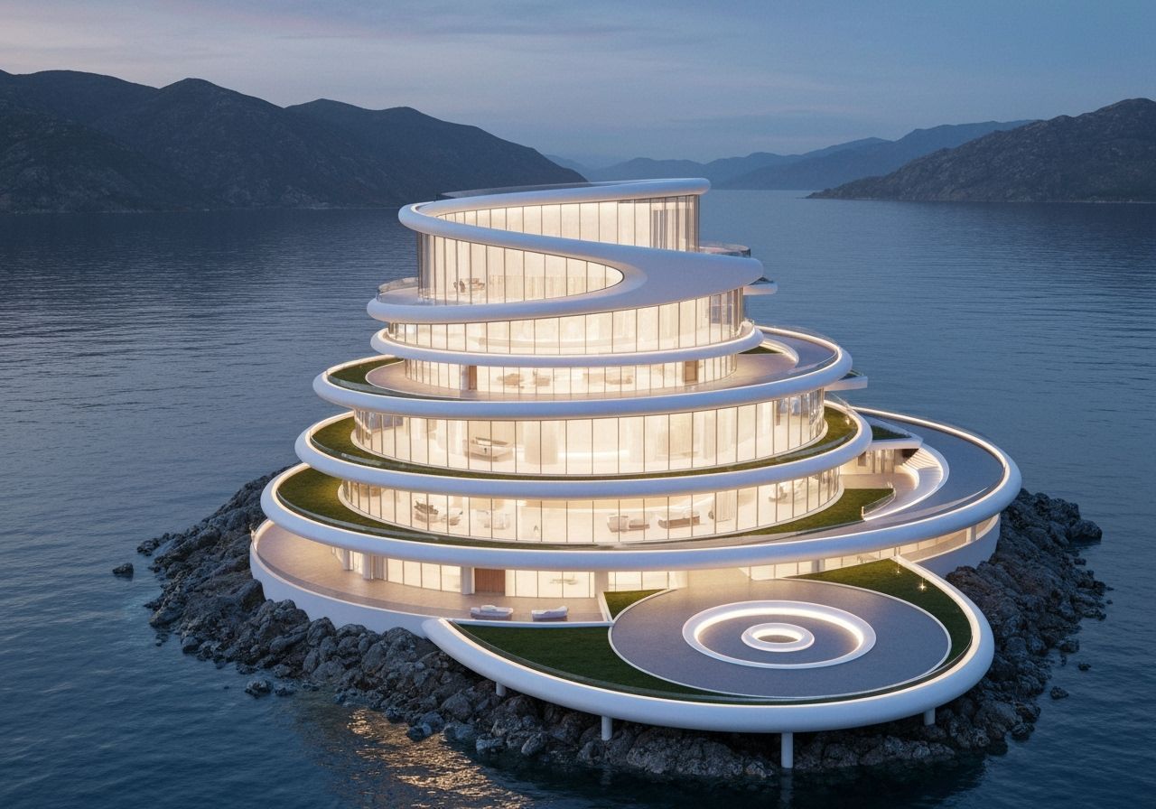Futuristic Spiral Mansion on Rocky Coastline