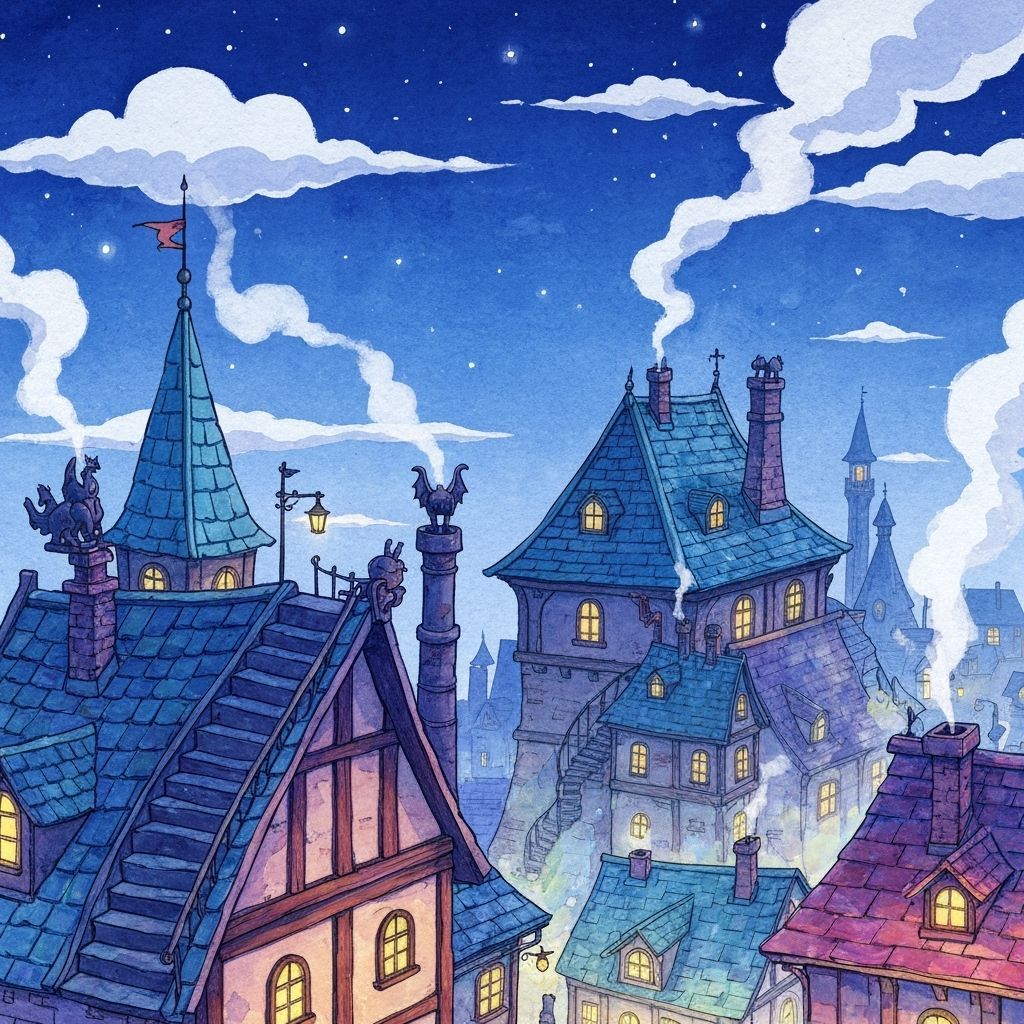 Whimsical Cartoon Rooftops in Watercolor, Nighttime Scene