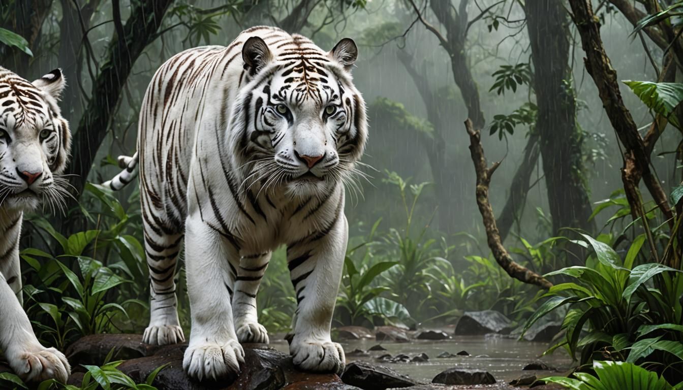 White Tiger in a Savannah Rainforest Storm