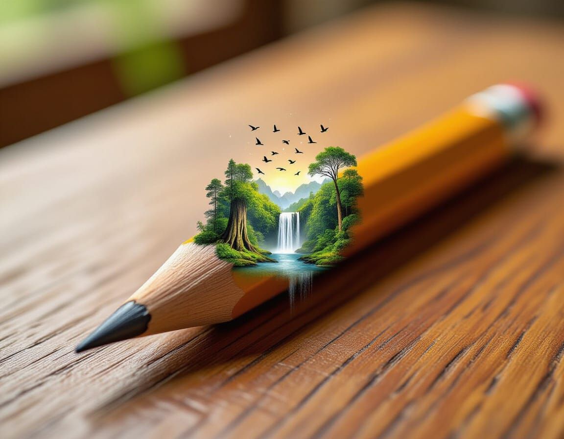 Pencil Transforms into Miniature Rainforest on Wooden Desk