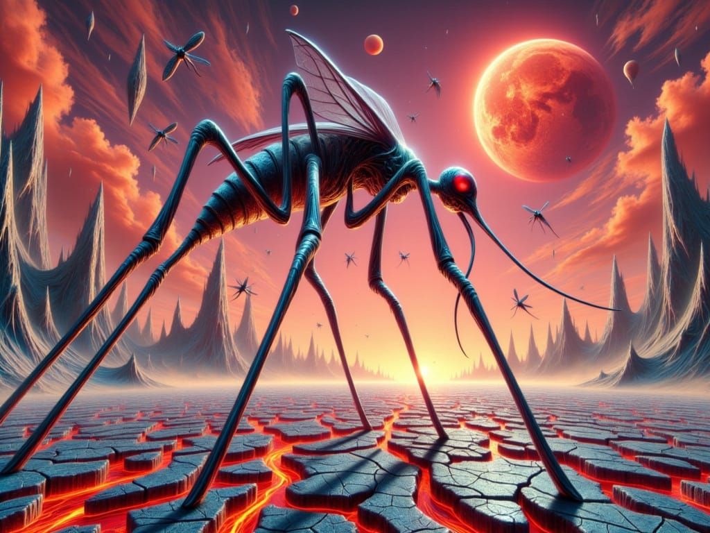 Cyberpunk Mosquito Overlord Rises in a Futuristic Cityscape