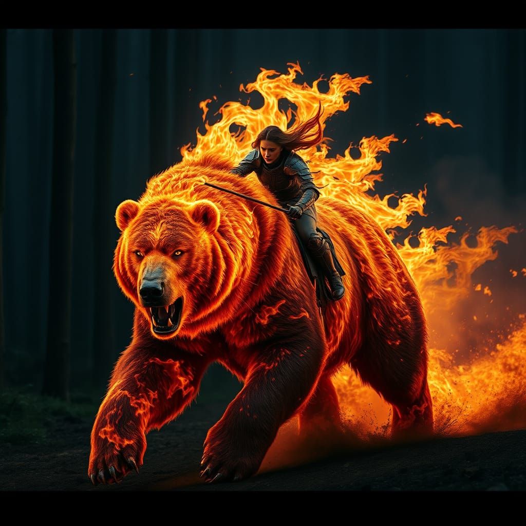 Fiery Goddess Charging Through Ashen Forest in Cinematic Sty...