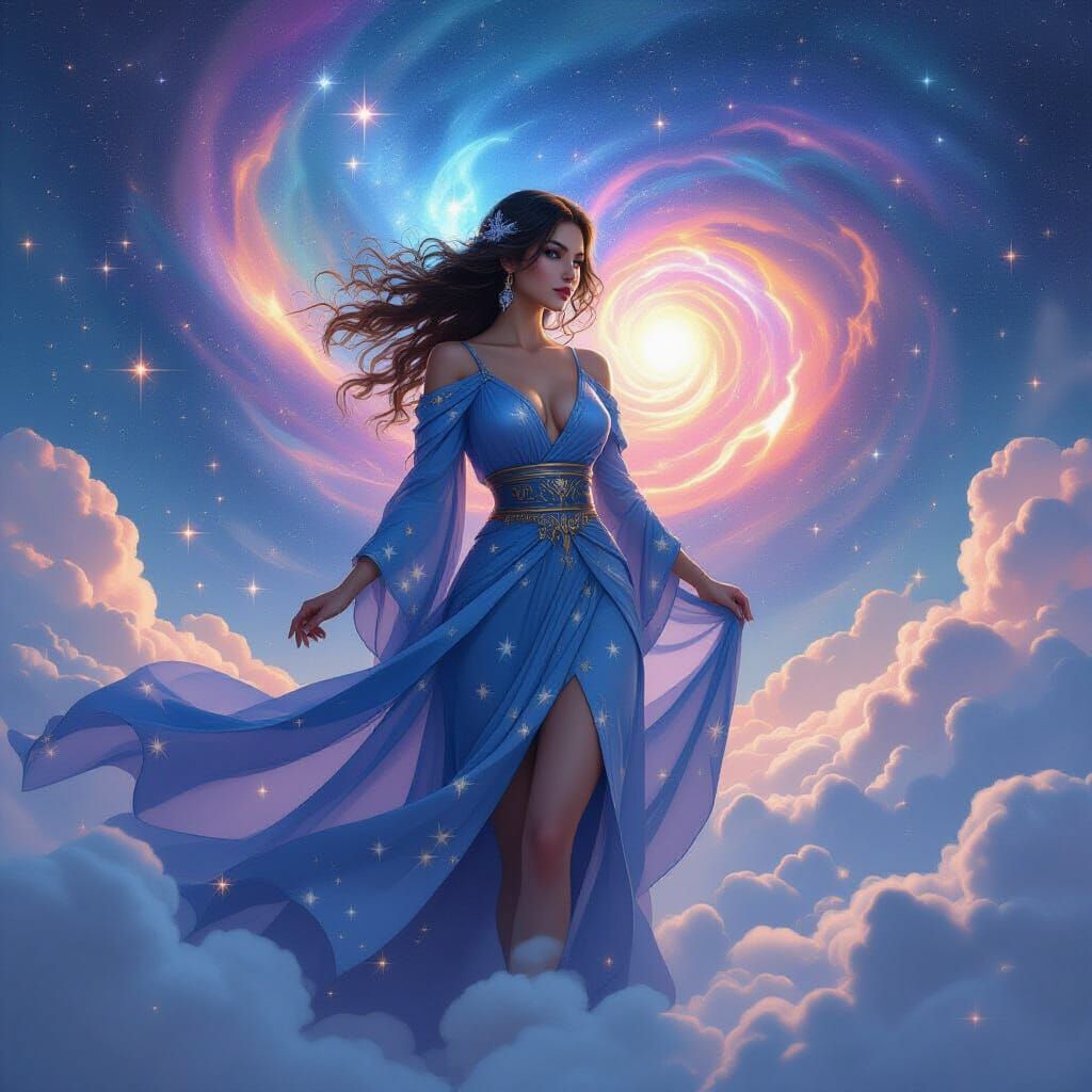 Celestial Woman in Starry Attire, Digital Painting