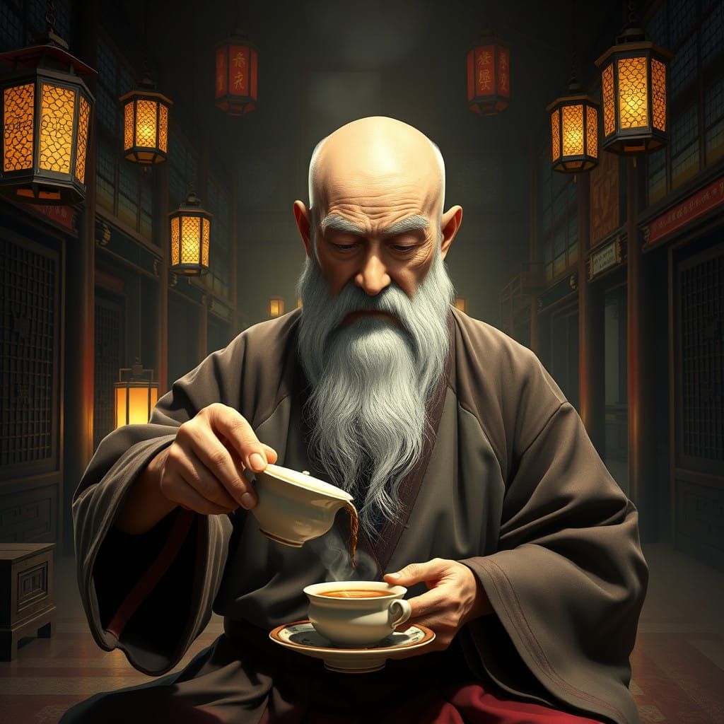 Elderly Japanese Sensei Sipping Tea in an Ancient Temple, in...