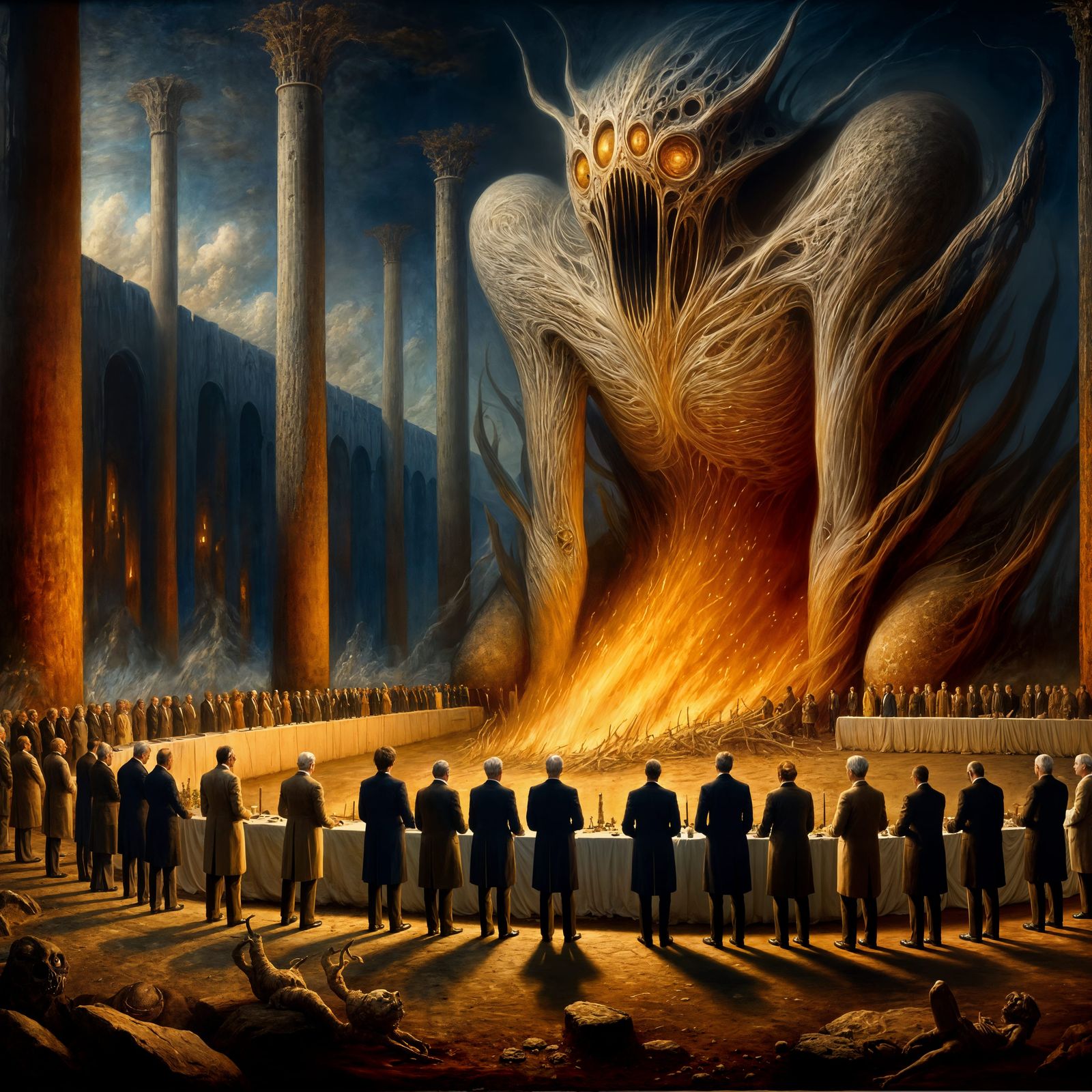 Baroque Politicians Worshiping a Horror Creature