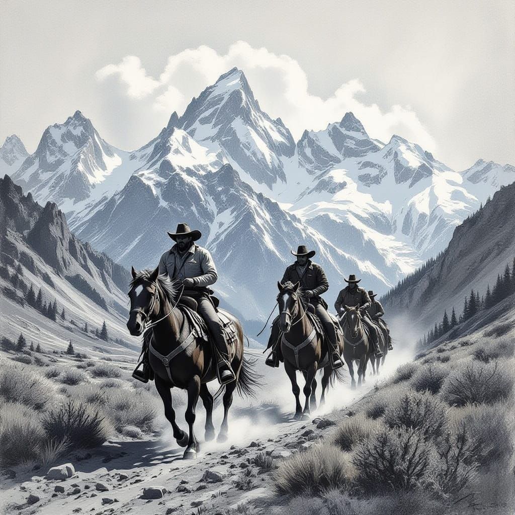 Cowboys on Horseback in Snowy Mountains