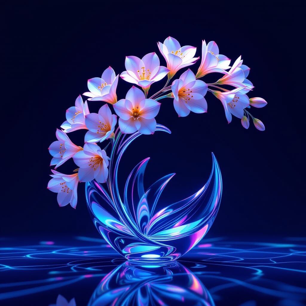 Glass Art Freesia Branch in Neon Synthwave Style