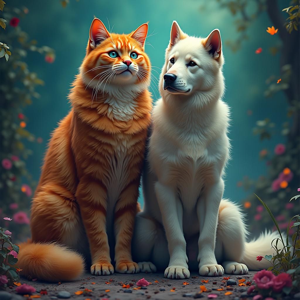 Regal Feline and Canine Companion in Vibrant Matte Painting....