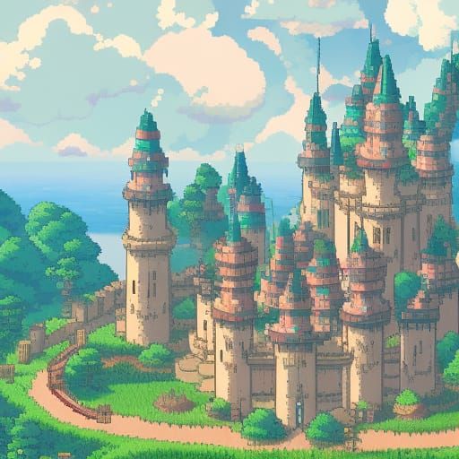 Ghibli-Inspired Pixel Art Castle in Vibrant Deep Colors
