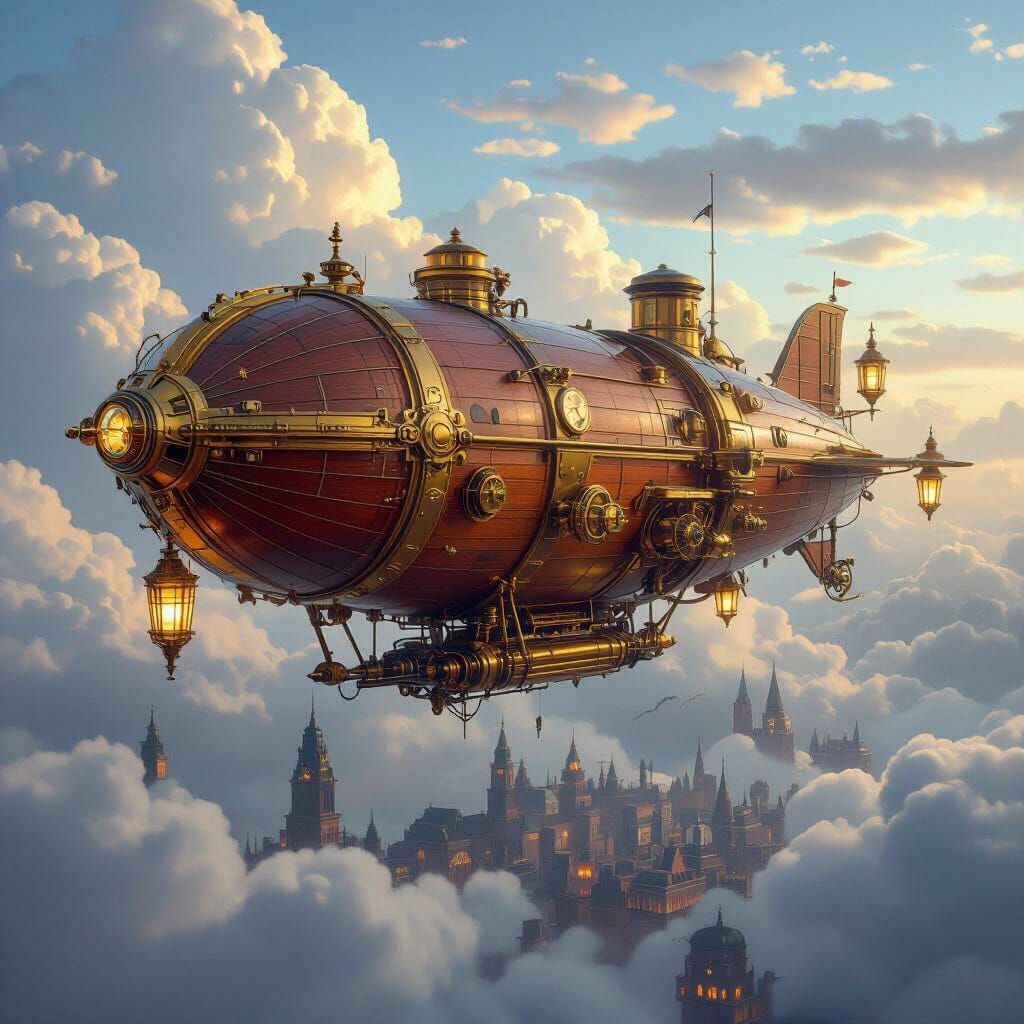 Steampunk Airship Soaring Above Victorian City