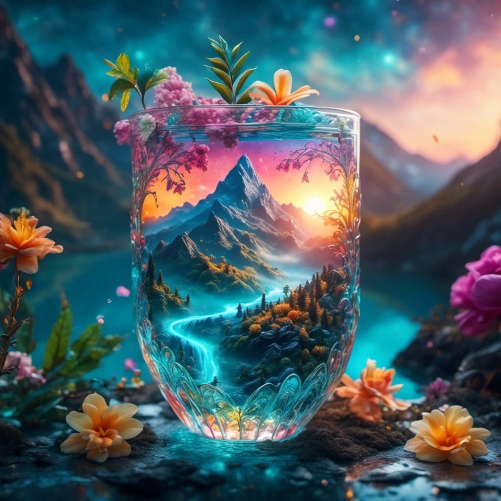 Tropical Island in Glass Cup: Art Nouveau Concept