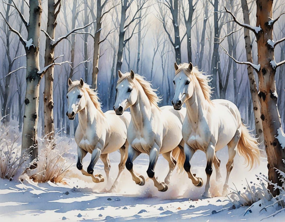 Wild White Mustangs in Enchanted Winter Wonderland Watercolo...