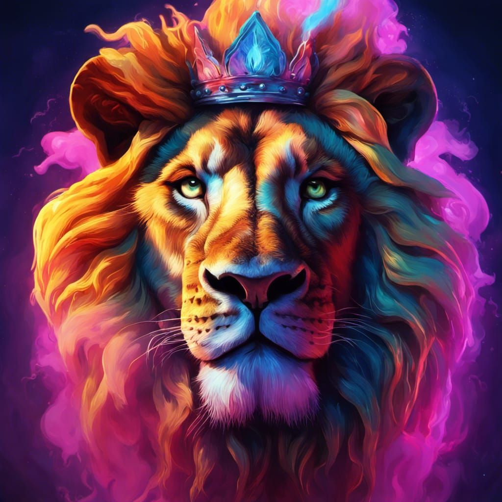Neon Lion King with Enchanted Cannabis Crown