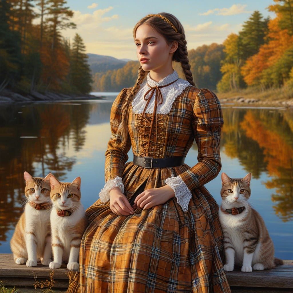 Victorian Girl Commands Cats in Autumn Landscape