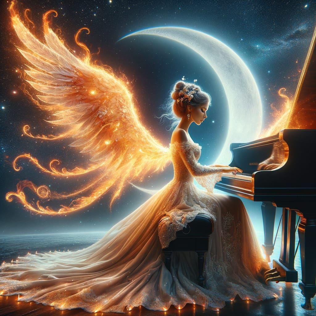 Woman with Fiery Wings Plays Piano on Moon