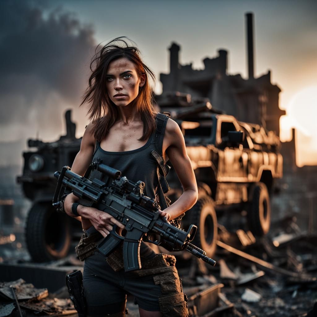 Warrior Woman in Post Apocalyptic Ruins at Dusk in Dark Grit...