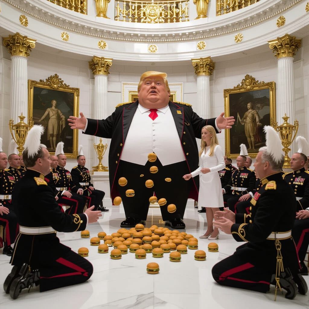 Overweight Man in Gold Rotunda Throws Hamburgers at Generals