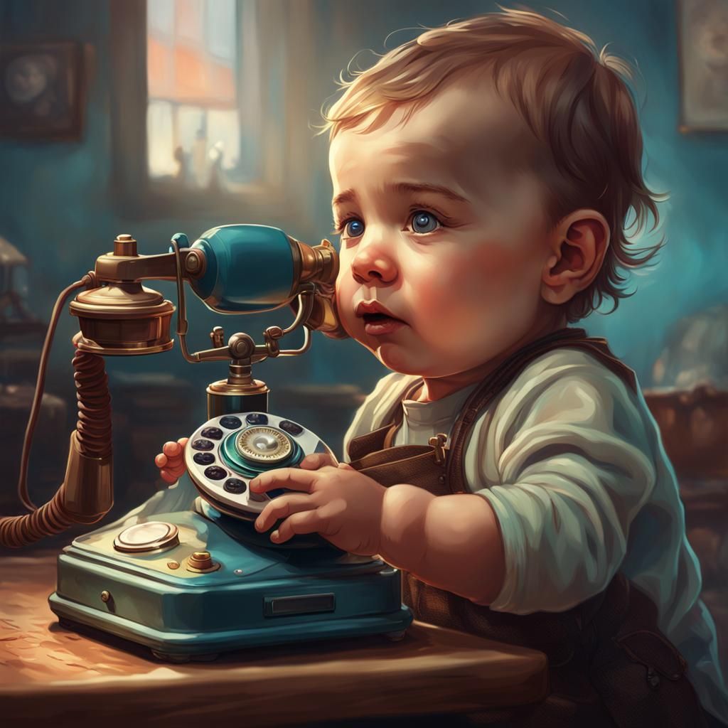 Hyperdetailed Portrait of Curious Baby Investigating Old Pho...