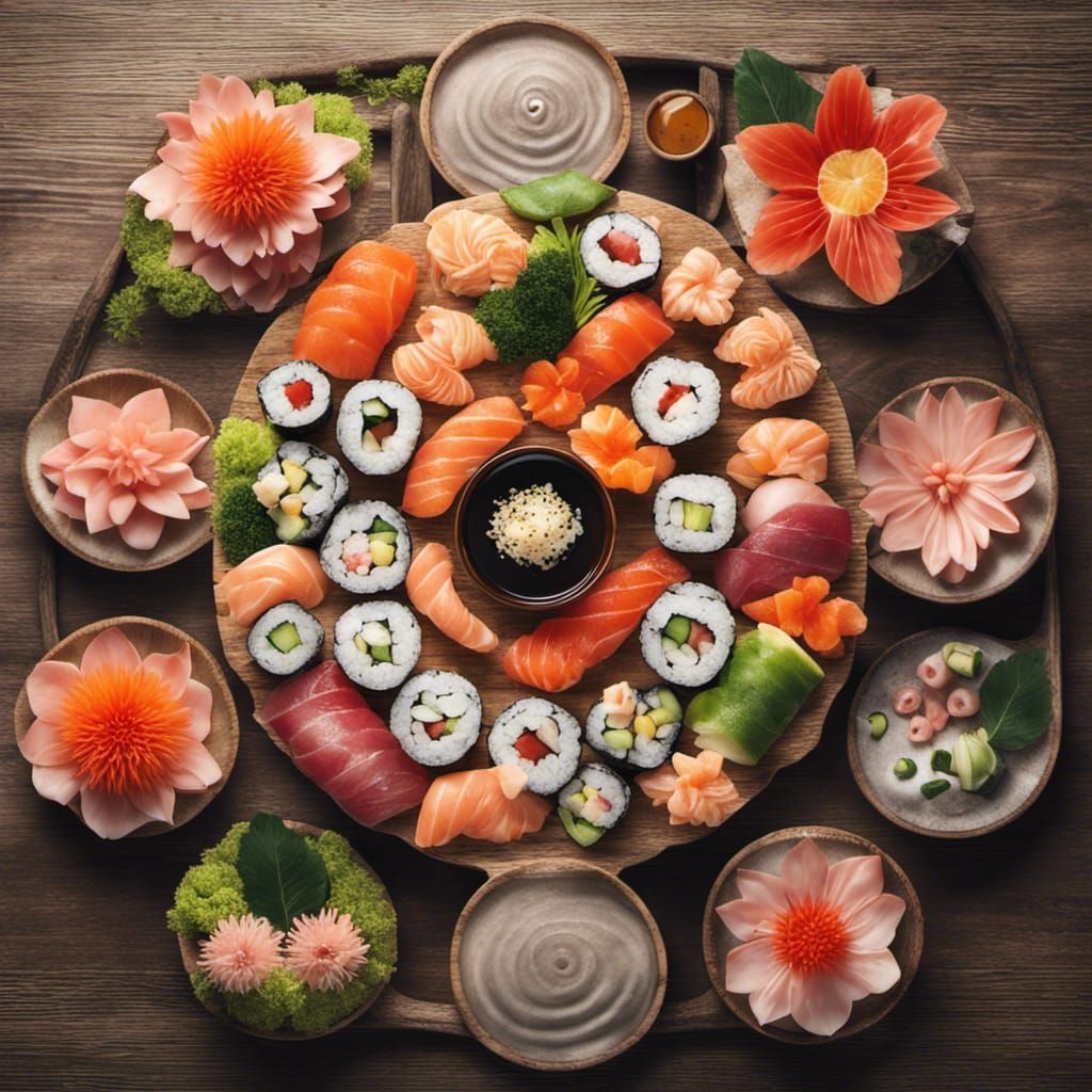 Delicious Sushi Platter in Floral Pattern on Rustic Wooden T...