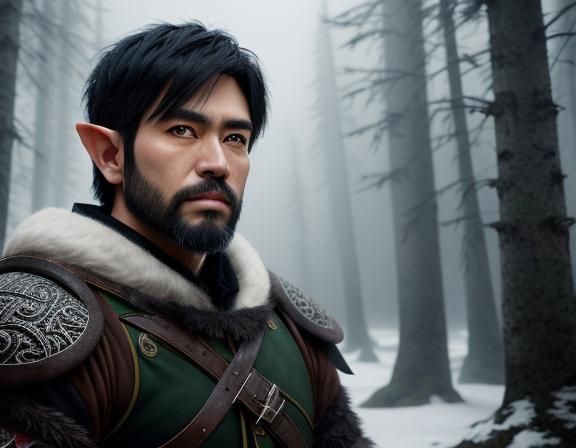 Hyperrealistic Male Elf in Winter Forest