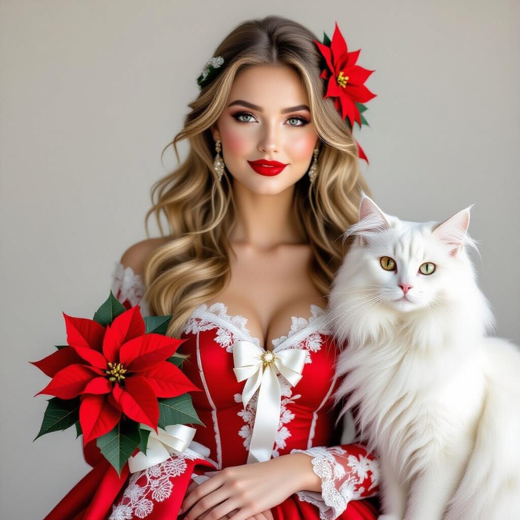 Elegant Lady with Poinsettia and White Cat