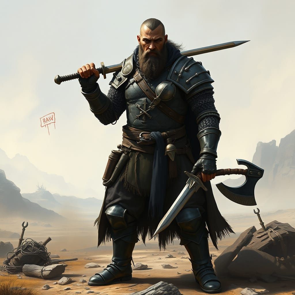 Grizzled Human Fighter in Desolate Landscape