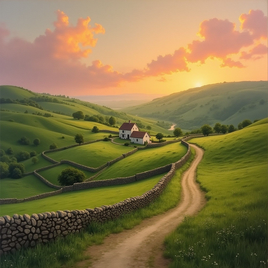Dreamy Countryside at Dusk in a Warm Monet-Inspired Palette