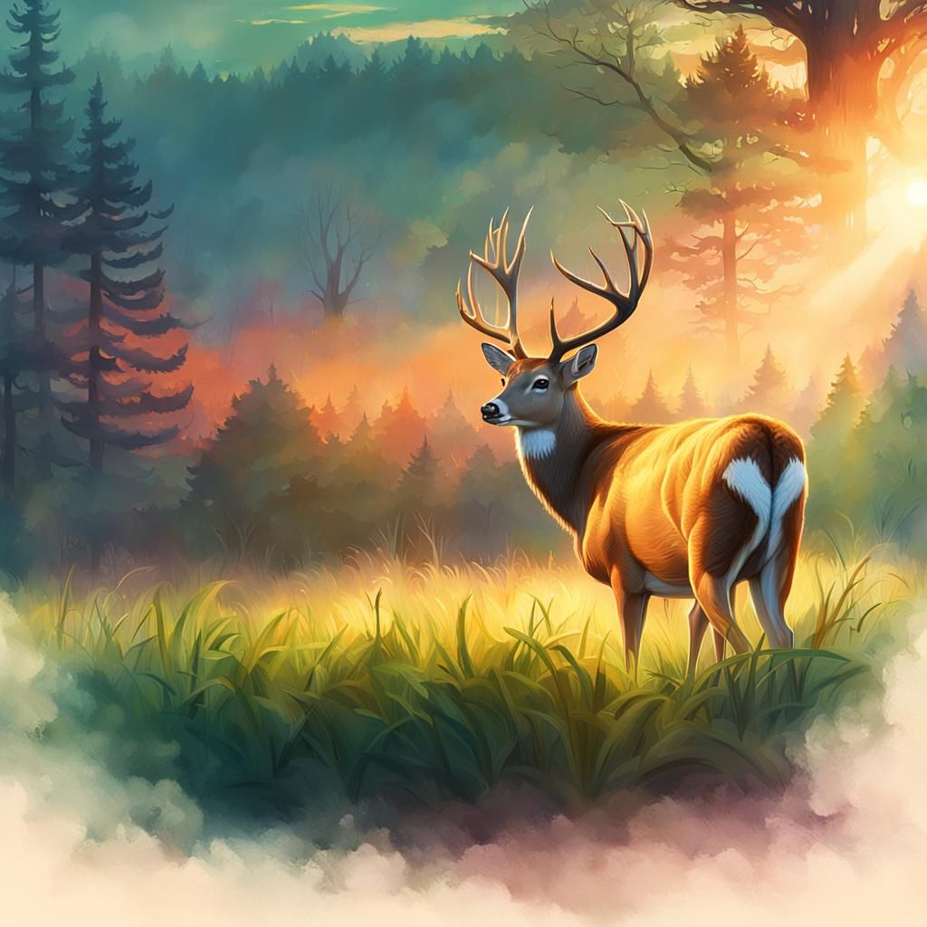 Whitetail Deer in Golden Hour, Hyperrealistic Wildlife Art