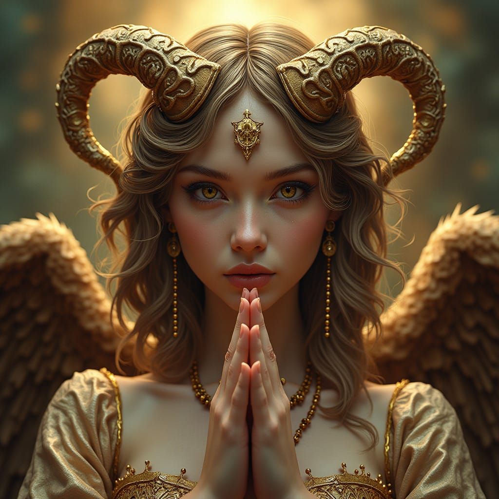 Ethereal Half-Angel Half-Demonic Portrait in Art Nouveau Sty...
