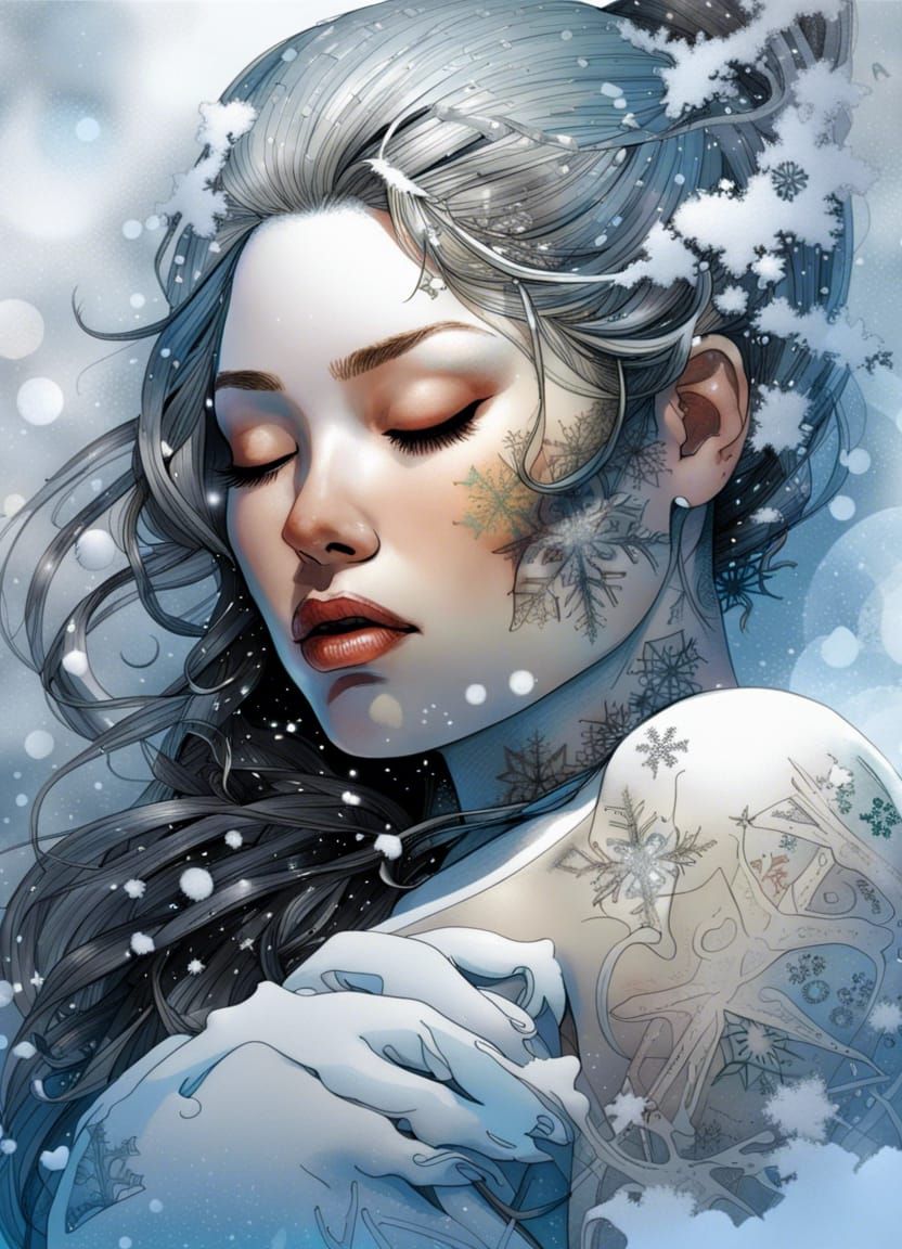 Surreal Curvy Goddess of Ice Slumbers, Surrounded by Snowfla...