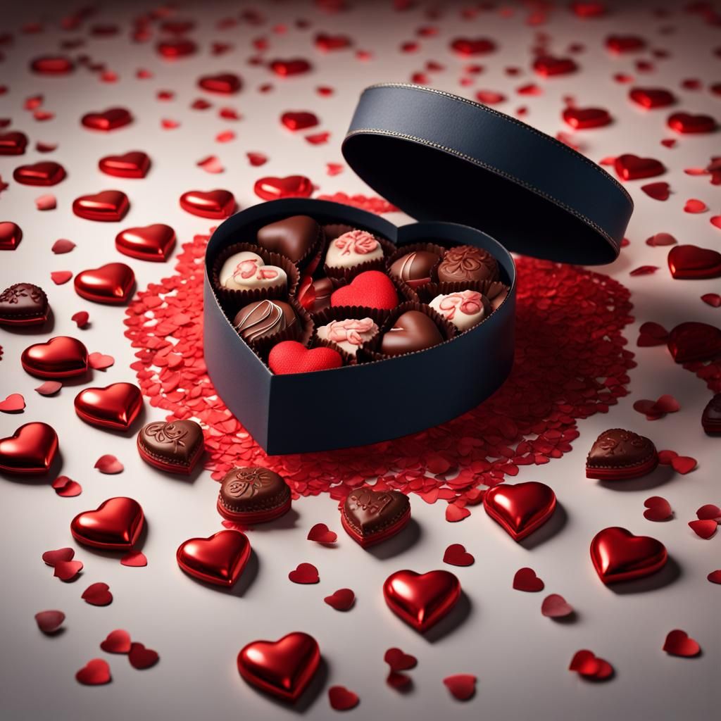 Romantic Heart-Shaped Chocolates on a Dramatic Red Table