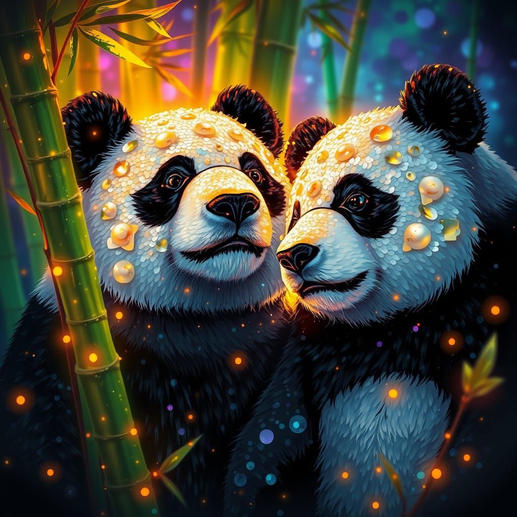 Glowing Panda Bears in Vibrant, Otherworldly Bamboo