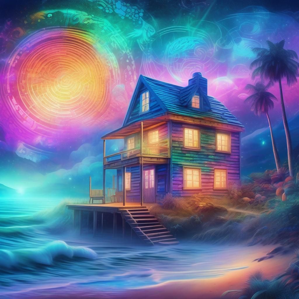 Cosmic Seascape at Sunset, in Vibrant Mixed Media