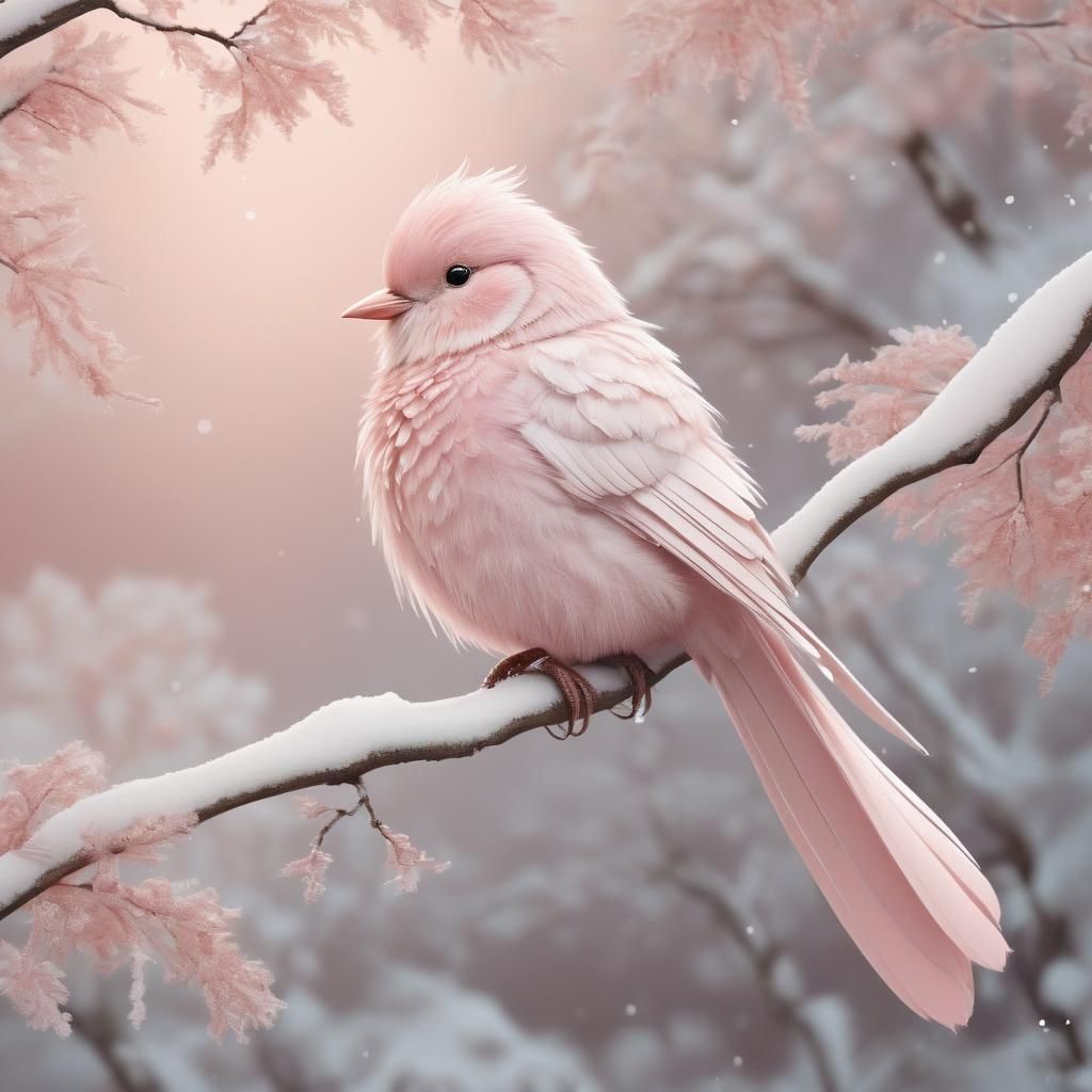 Pale Pink Bird Perched on Snowy Branch in Vibrant Digital Il...