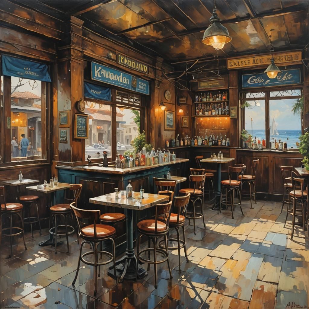 Latin America Seaside Cafe in Vibrant Oil Painting